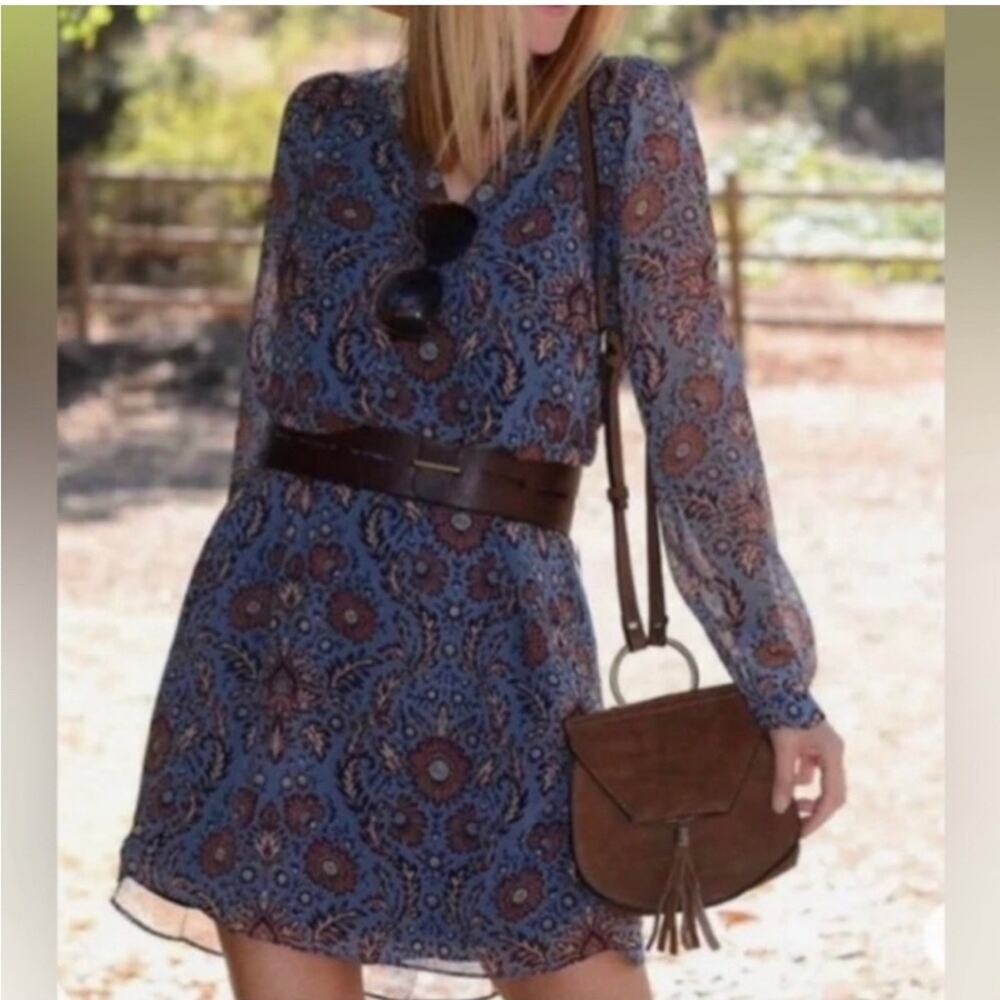 Cabi Provincial blue brown floral sheer overlay shirt dress size Small #3295